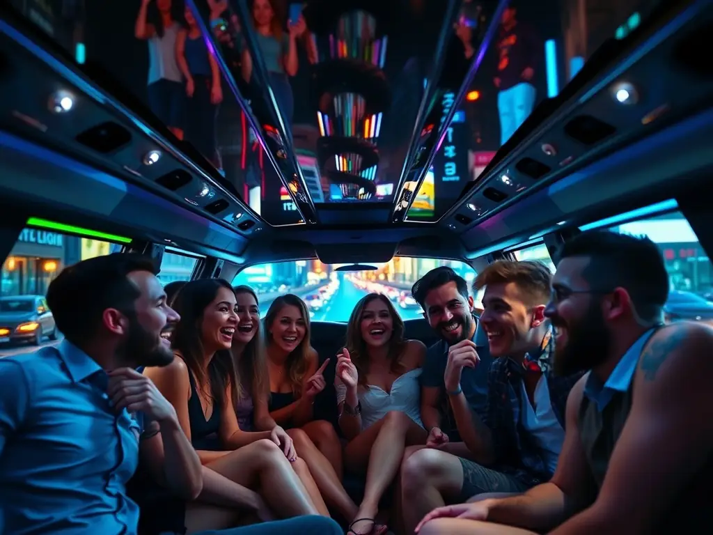 Group of friends enjoying a night out in a stretch limousine with vibrant city nightlife visible through the windows.