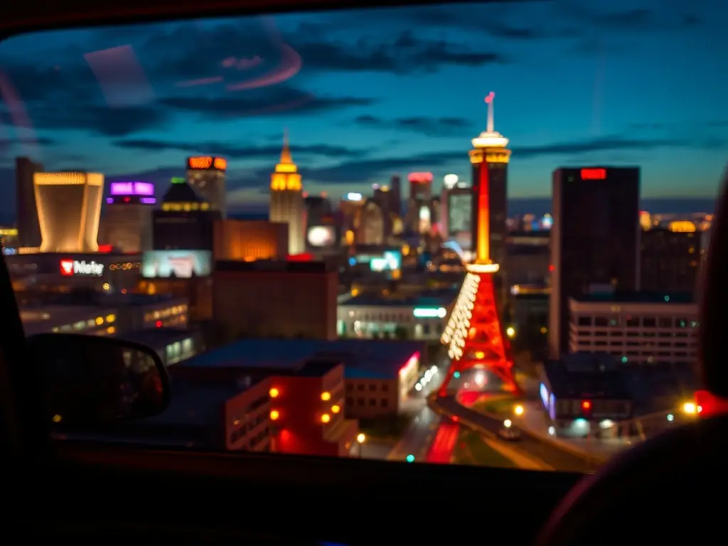 Nashville city lights at night seen through the window of a luxury vehicle.