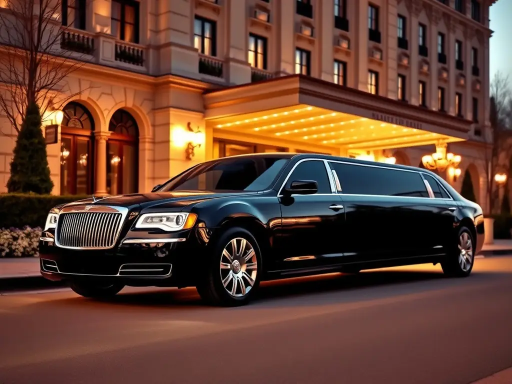 A luxurious black limousine parked in front of a high-end hotel.